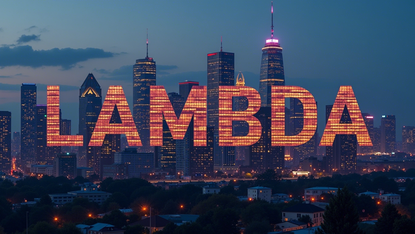 a photo of a city skyline that clearly looks like the letters "Lambda". award winning font architecture, evening hours, some office windows shine through the night, The skyline says "Lambda"