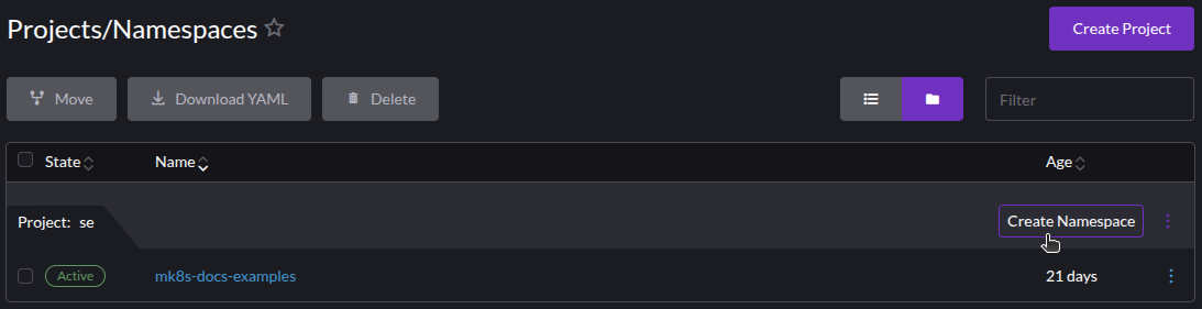 Screenshot of creating a namespace in Rancher