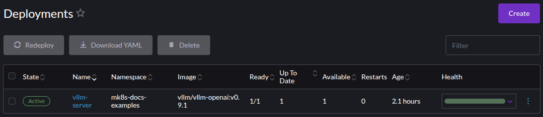 Screenshot of the vLLM Deployment in the Rancher Dashboard