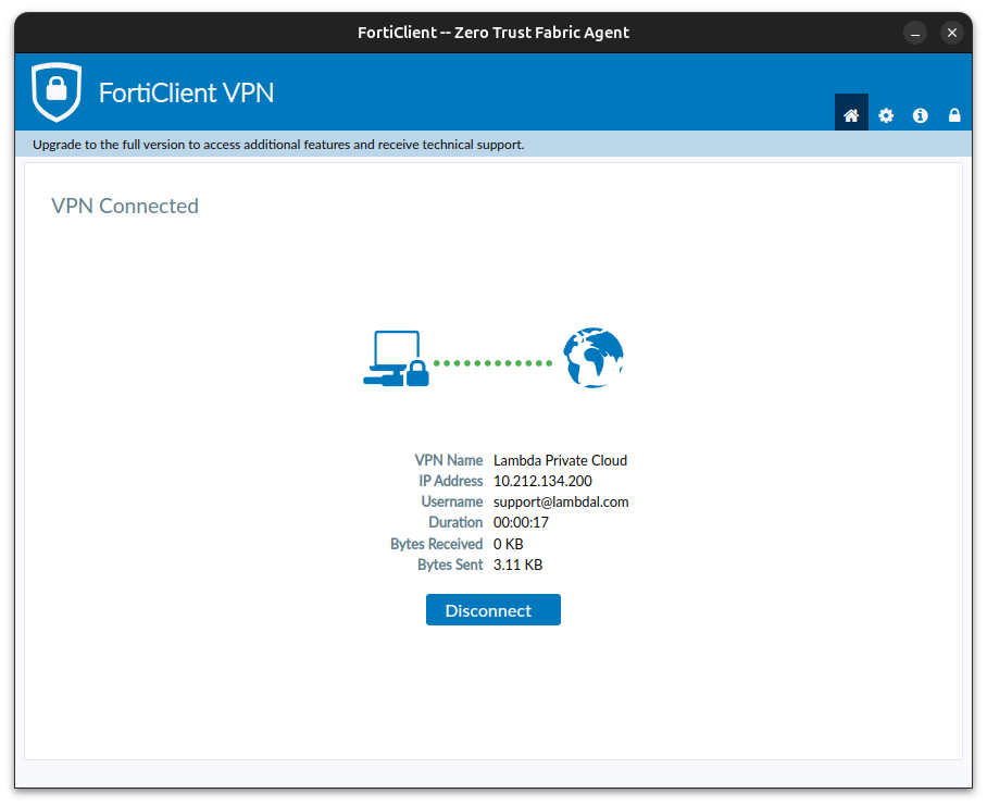 Screenshot of FortiClient connect to Private Cloud VPN